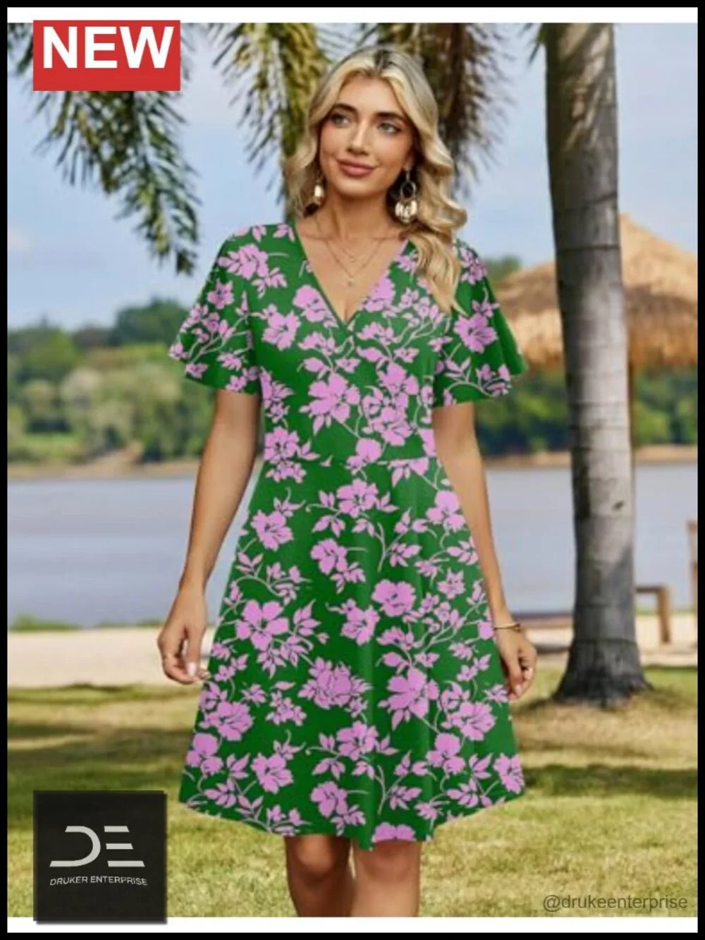 Wrap V Neck A-Line Ruffle Sleeve Sundress with Pockets Floral Print Knee-Length